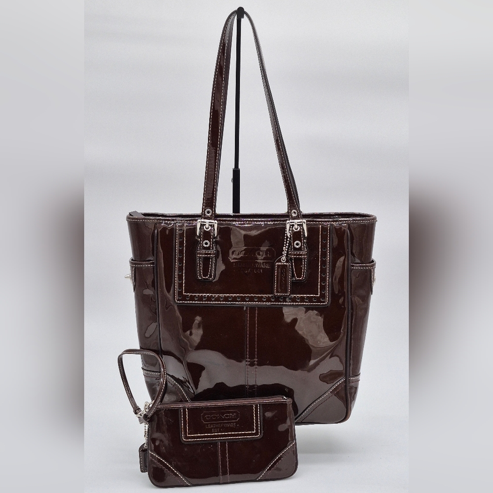 Coach Dark Brown Patent Leather Tote And Matching Wristlet